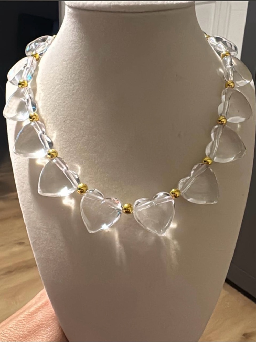 Clear Heart Bead Necklace with Gold Accent
